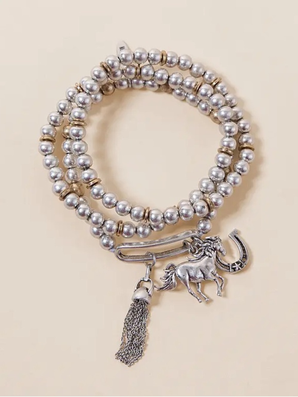 Lainey Wilson Silver and Gold Beaded Horse Charm Wrap Bracelet